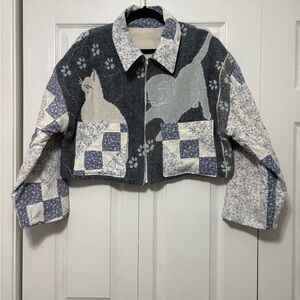 Handmade Cat Cropped Oversized quilt coat jacket Yarn Paw Prints Women's Medium